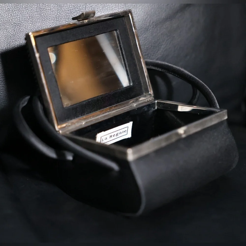 Vintage La Regale black wristlet sparkly top & mirror purse clutch
